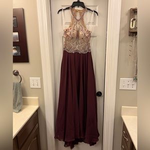 Camille La Vie Burgundy and Gold Embellished Halter Long Evening Gown
